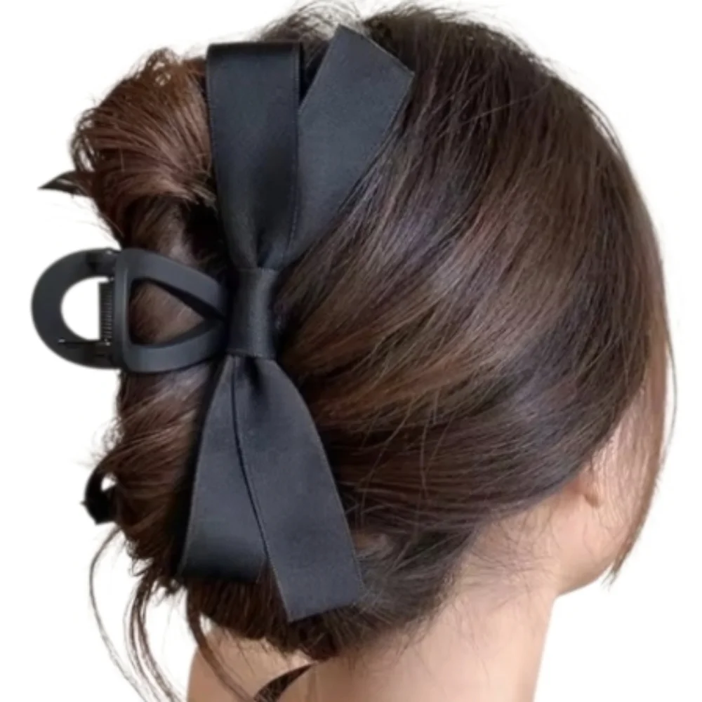 New! Large Black Satin Bow Hair Claw Clip • Updo Ponytail Hair Bow • NWOT
